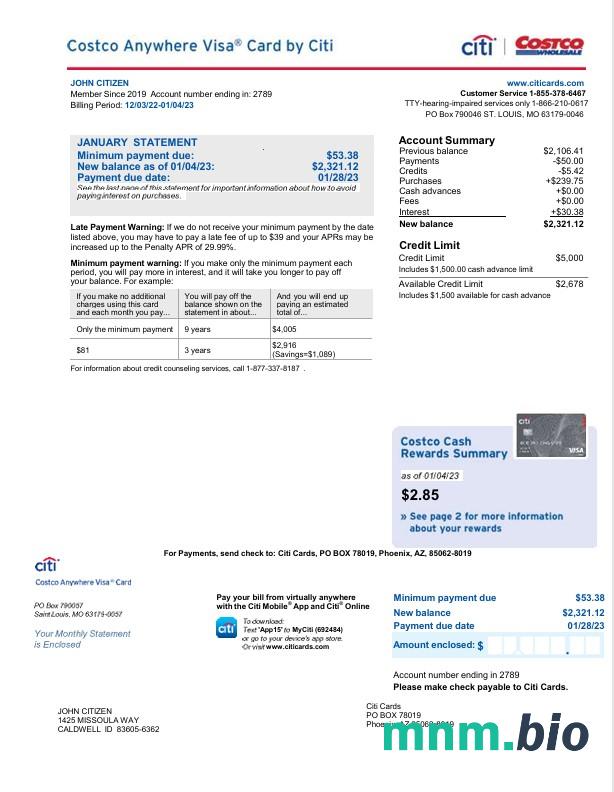 Szablon wyciągu z karty kredytowej USA Chase w programie Word i PDF